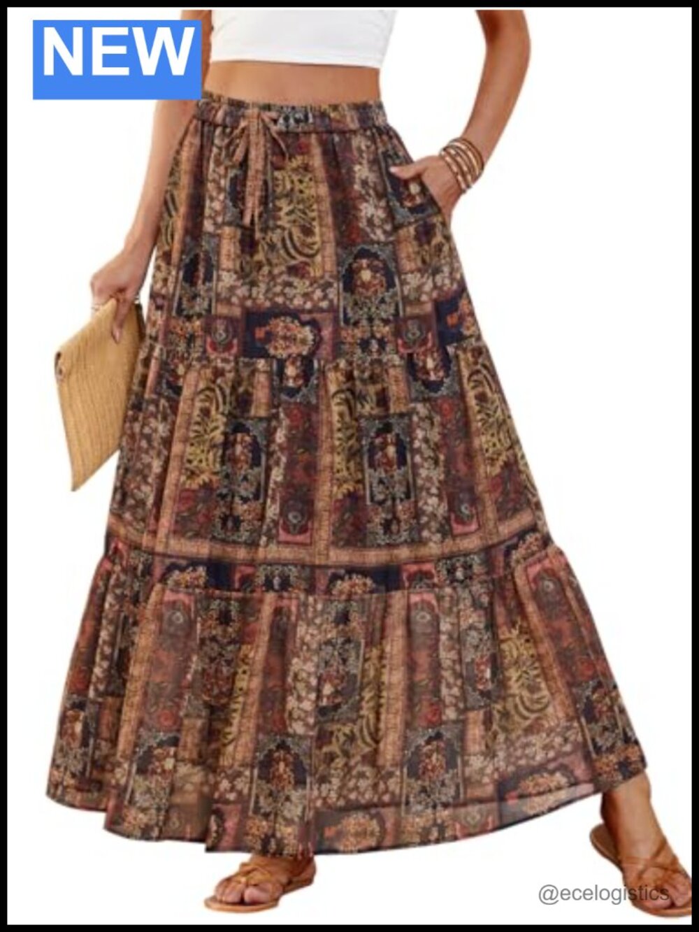 Boho Chiffon Maxi Skirt Tiered A-Line with Pockets Flowy Casual
